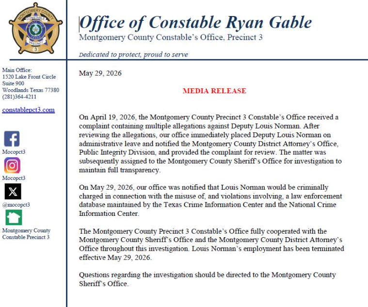 Above: The press release announce by Constable Ryan Gable regarding the arrest of Louis Norman