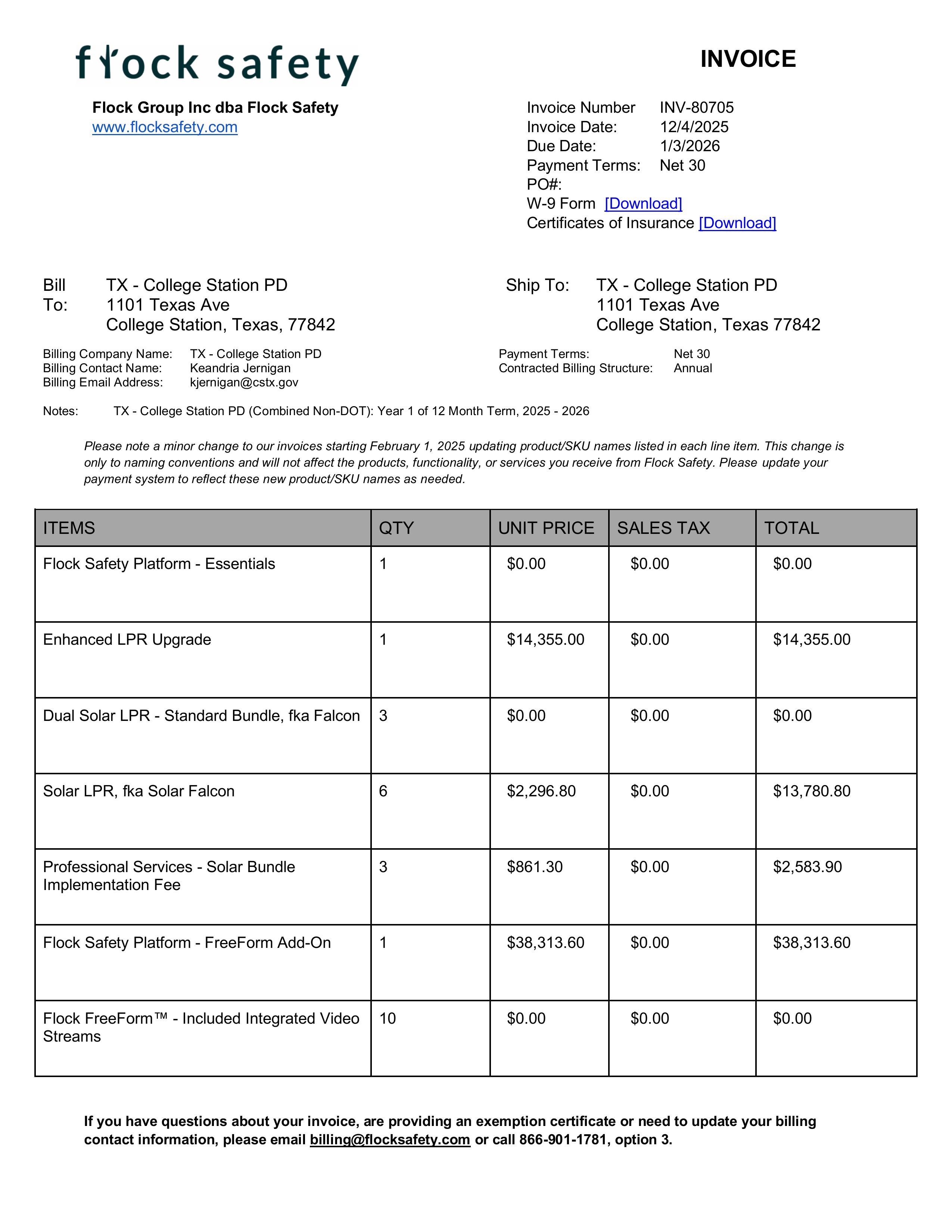 Flock Safety invoice INV-80705 billed to TX - College Station PD, listing a Flock Safety Platform FreeForm Add-On at $38,313.60 and 10 Flock FreeForm Included Integrated Video Streams